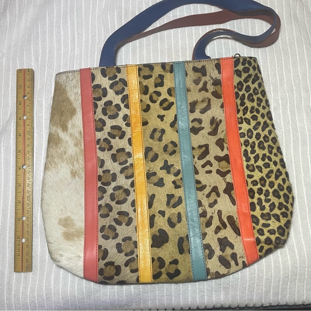 Leopard Haircalf Tote Bag Colorblock Stripe Folklore Couture Shoulder Purse EUC